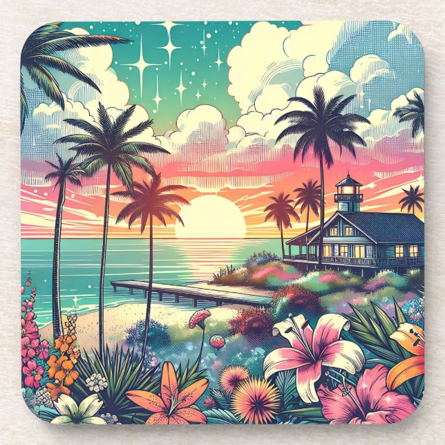 Dessous-de-verre Paradis rose et turquoise | Art de la plage (Devant)
