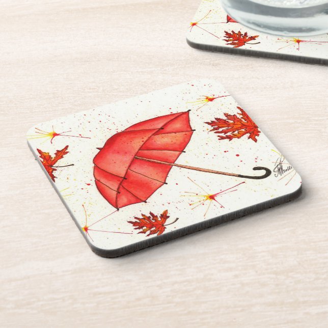 Dessous-de-verre Parapluie rouge vif et aquarelle feuille rouge (Côté gauche)