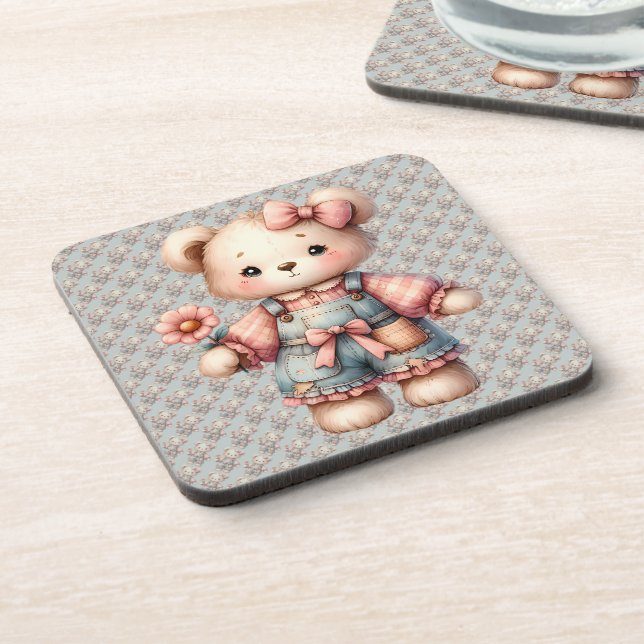 Dessous-de-verre Pastel Teddy Bear Holding Flower Wear Overalls (Côté gauche)