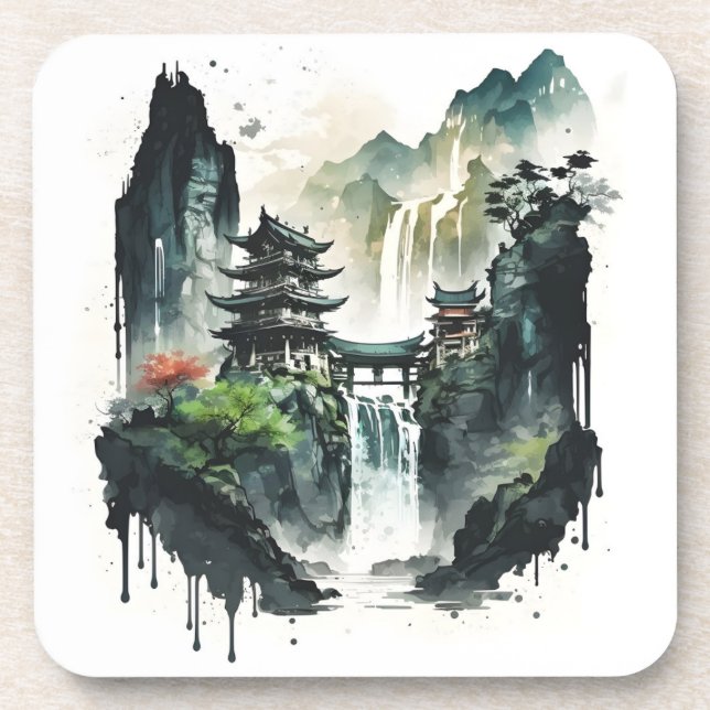 Dessous-de-verre Paysage antique de l'encre chinoise avec cascade (Devant)
