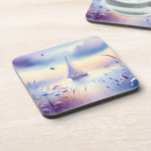 Dessous-de-verre Paysage côtier onirique au voilier pastel