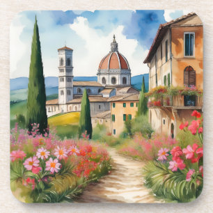 Dessous-de-verre Paysage toscan pittoresque peinture aquarelle