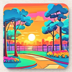Dessous-de-verre Paysage urbain animé du coucher de soleil