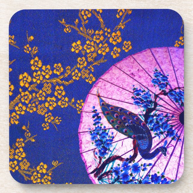 Dessous-de-verre Peacock oriental parasol japonais fleurs bleu (Devant)