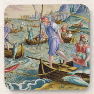 Dessous-de-verre Pêche avec des filets et des tridents dans la baie
