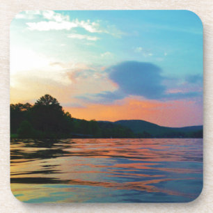 Dessous-de-verre Pêche et coucher de soleil sur le lac de montagne