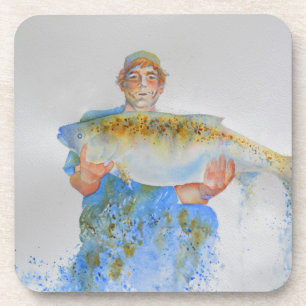 Dessous-de-verre Pêcheur peinture d'aquarelle cadeau de pêche pour