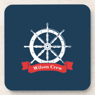 Dessous-de-verre Personalized name, white nautical navy ship wheel,