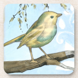 Dessous-de-verre Petit oiseau jaune perché sur une branche Recherch