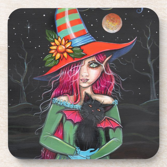 Dessous-de-verre Petite sorcière et chat ailé Halloween Art (Devant)