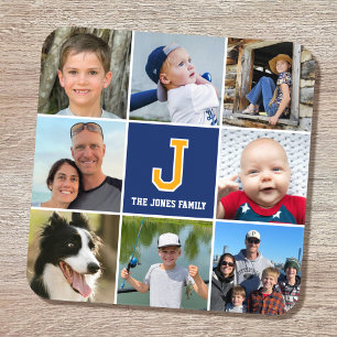 Dessous-de-verre Photo Collage Famille Monogramme Marine Blue Gold