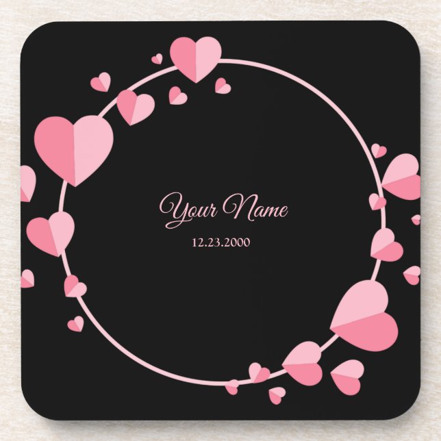 Dessous-de-verre Pink Heart Black Geometric Wedding Party Elegant (Devant)