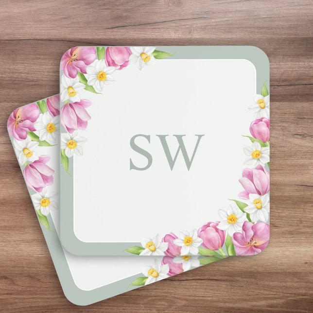 Dessous-de-verre Pink Tulips Spring Flowers Monogram Coasters (Créateur téléchargé)
