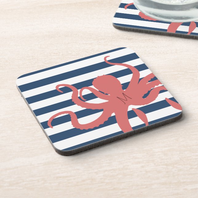 Dessous-de-verre Plage moderne de pieuvre rouge blanc marine bleu r (Côté gauche)