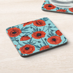 Dessous-de-verre Poppies, rouge et bleu sur le bleu de la piscine