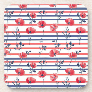Dessous-de-verre Poppies rouges avec Feuilles bleus et Motif rayé 2