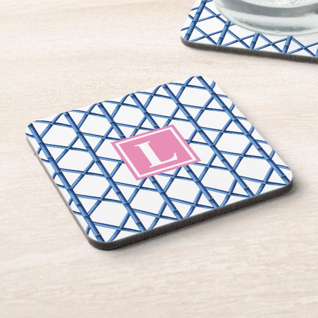 Dessous-de-verre Preppy Blue Trellis Bamboo Motif Monogramme (Côté gauche)