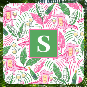 Dessous-de-verre Préppy Rose Crocodile Monogrammé / Feuilles de Pal