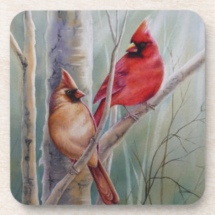 Dessous-de-verre Red Northern Cardinal Bird Pair Aquarelle Art