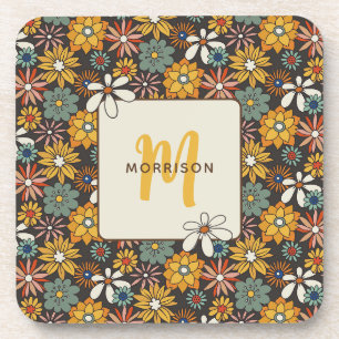 Dessous-de-verre Retro Floral Brown Gold Turquoise Personnalisé