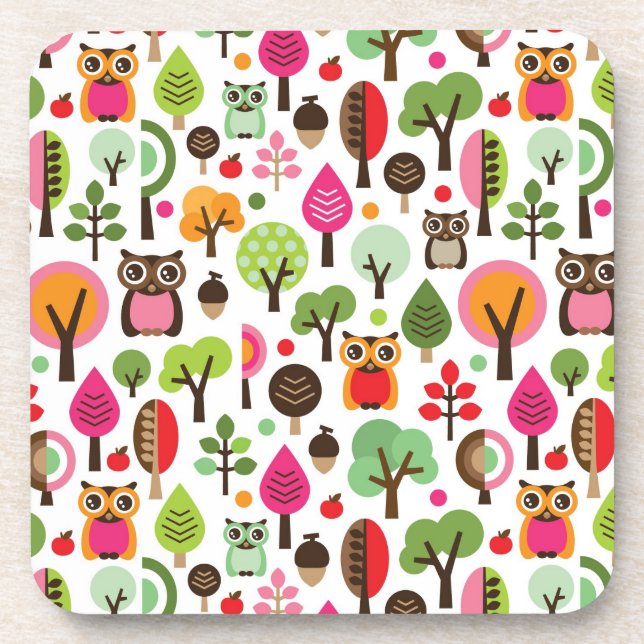 Dessous-de-verre rétro motif de hibou d'arbre rose de feuille (Devant)