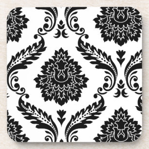 Dessous-de-verre Rococo Damassé Motif Décalé Noir sur Blanc