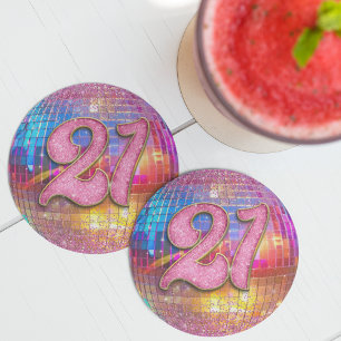 Dessous De Verre Rond 21e Anniversaire Gold Pink Parties scintillant Dis