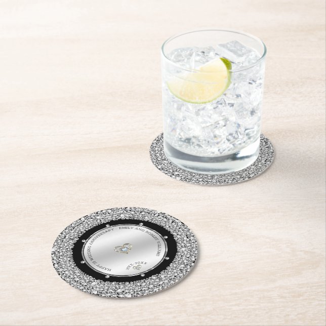Dessous De Verre Rond 25e anniversaire du mariage diamants blancs et arg (En situation)