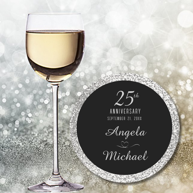 Dessous De Verre Rond 25th Anniversary Silver Sparkle Black Stylish Glam (Créateur téléchargé)