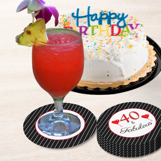 Dessous De Verre Rond 40 & Fabuleux Rouge 40e Anniversaire Noir Blanc Bl (40 & Fabulous Red 40th Birthday Black White Stripe Round Paper Coaster)