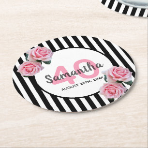 Dessous De Verre Rond 40e anniversaire fleurs roses rayures noires