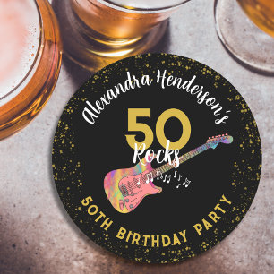 Dessous De Verre Rond 50 Rocks 50e Anniversaire Fête Rose Noir Or