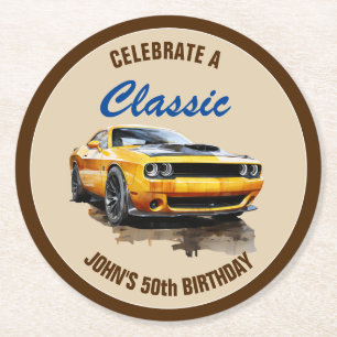 Dessous De Verre Rond 50e Anniversaire Classic Yellow Muscle Car