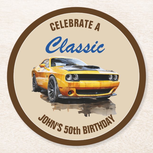 Dessous De Verre Rond 50e Anniversaire Classic Yellow Muscle Car (Devant)
