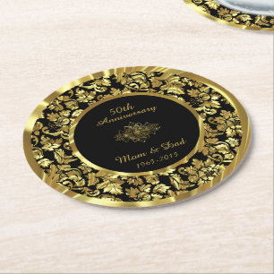 Dessous De Verre Rond 50e anniversaire du Mariage noir et or