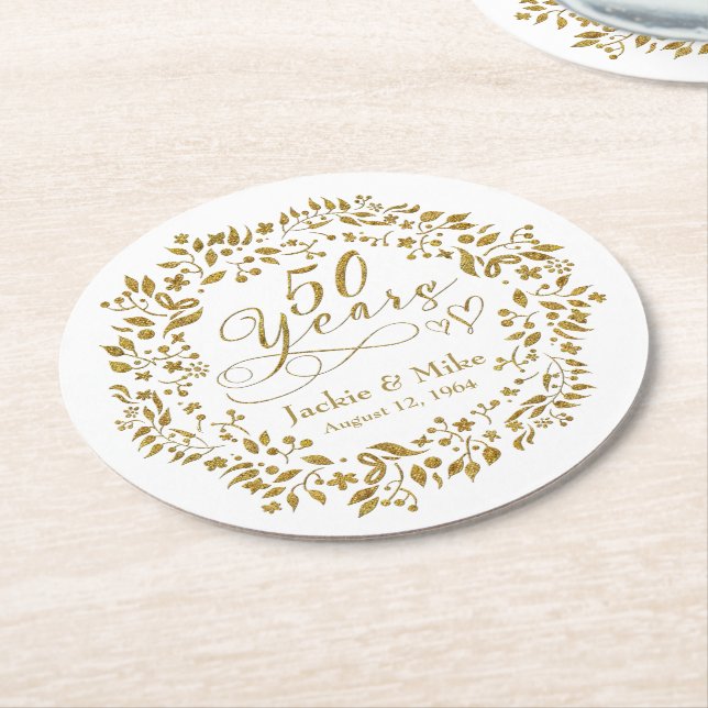Dessous De Verre Rond 50e anniversaire Mariage or blanc (Incliné)