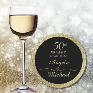 Dessous De Verre Rond 50e Anniversaire Paillettes Dorées Noir Élégant Gl