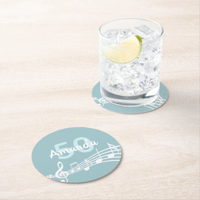 Dessous De Verre Rond 50e anniversaire turquoise bleu nom musique notes (En situation)