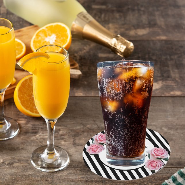 Dessous De Verre Rond 60e anniversaire noir blanc rayures rose floral (Créateur téléchargé)