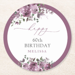 Dessous De Verre Rond 60e fête d'anniversaire Elégant Roses violets