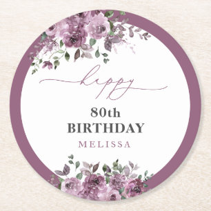 Dessous De Verre Rond 80e anniversaire Elégant Roses violets