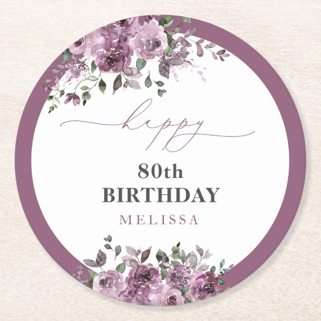 Dessous De Verre Rond 80e anniversaire Elégant Roses violets (Devant)