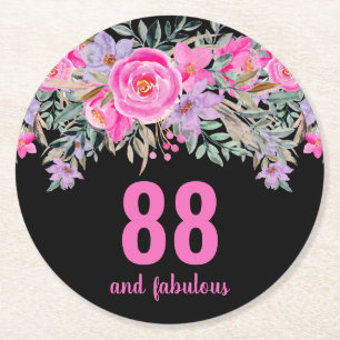 Dessous De Verre Rond 88e anniversaire rose noir floral