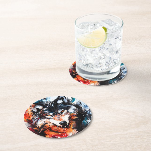 Dessous De Verre Rond Abstract Wild Spirit Wolf (En situation)