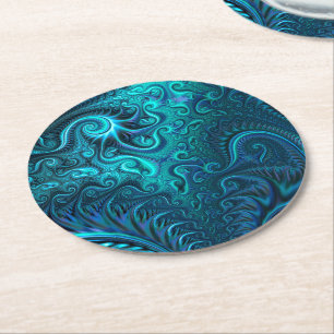 Dessous De Verre Rond Abstrait bleu coloré et Motif spiral Turquoise