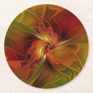Dessous De Verre Rond Abstrait Rouge Orange Brown Vert Fractal Art Flowe