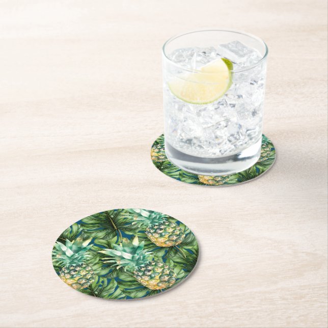 Dessous De Verre Rond Aiguilles Feuilles tropicales bleues (En situation)