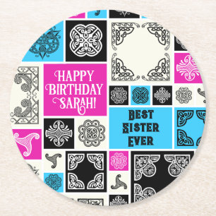Dessous De Verre Rond Ajouter Nom & Relation Anniversaire Magenta & Bleu