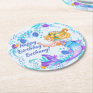 Dessous De Verre Rond Ajouter un nom Texte Blonde Mermaid Blue Mauve Aqu