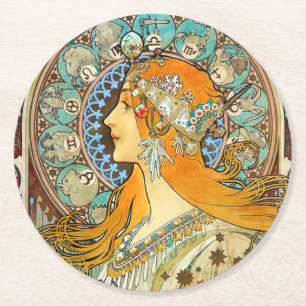Dessous De Verre Rond Alphonse Mucha Art Nouveau Zodiac